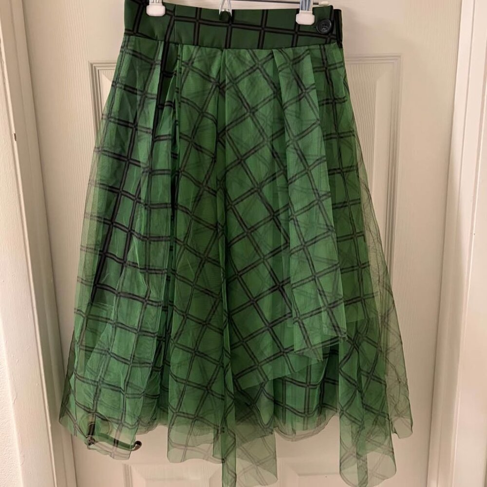 Green‎ Plaid Tulle Overlay Midi Skirt HighWaist Sheer Grid Asymmetrical Punk EUC